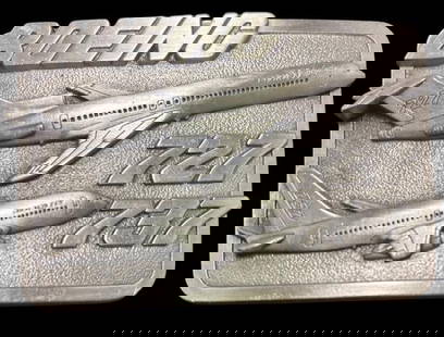 Boeing 727 -737 Plane Memorial Belt Buckle: Boeing 727 and 737 plane memorial belt buckle. Dated 1983 Siskeyou Buckle Co, Inc. Made for Mary Carder. Information about the planes on the back. Measures 3.25" x 2.25". Would accommodate a 1.75" bel