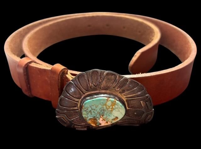 Native American Leather Belt with a Sterling and Turquoise Belt Buckle Signed HR (1 of 3)