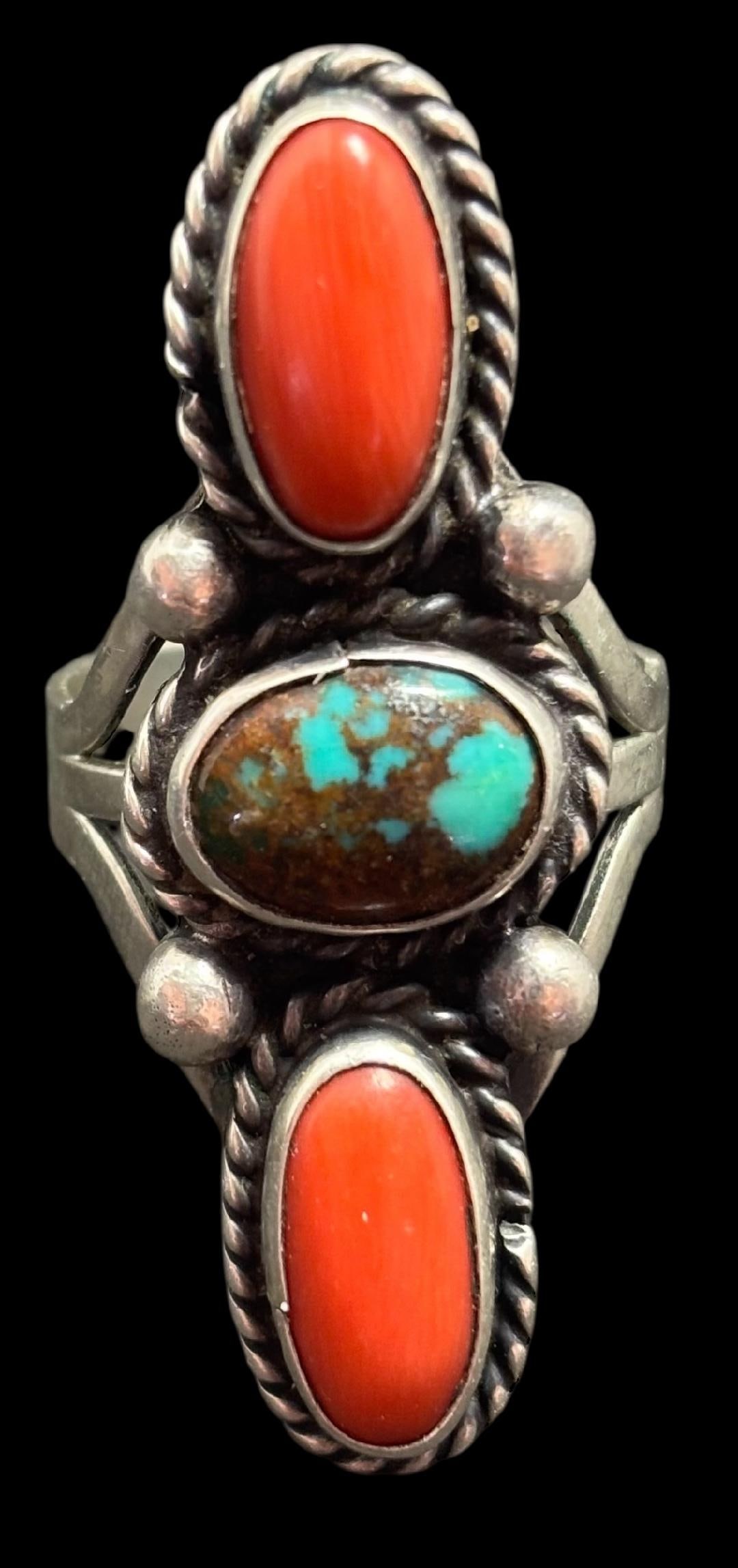 Native American Navajo Coral and Turquoise Sterling Ring (1 of 3)