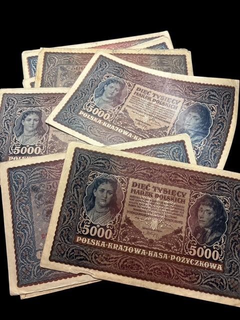Lot of 22 Circulated Polish Currency Ca. 1920s: Lot of 22, 5000 circulated Polish currency. Polska-Krajowa-Kasa-Pozyczkowa. Ca 1920's. Series II and III. For in-house shipping, select "bidder arranged". Domestic shipping $10.