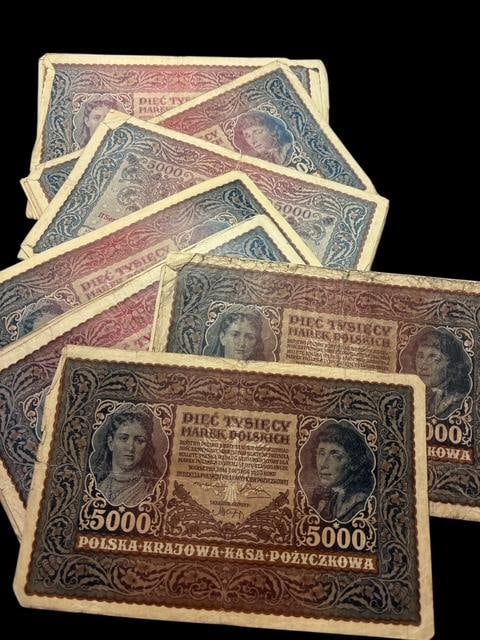 Lot of 22 Circulated Polish Currency Ca. 1920s: Lot of 22, 5000 circulated Polish currency. Polska-Krajowa-Kasa-Pozyczkowa. Ca 1920's. Series II and III. For in-house shipping, select "bidder arranged". Domestic shipping $10.