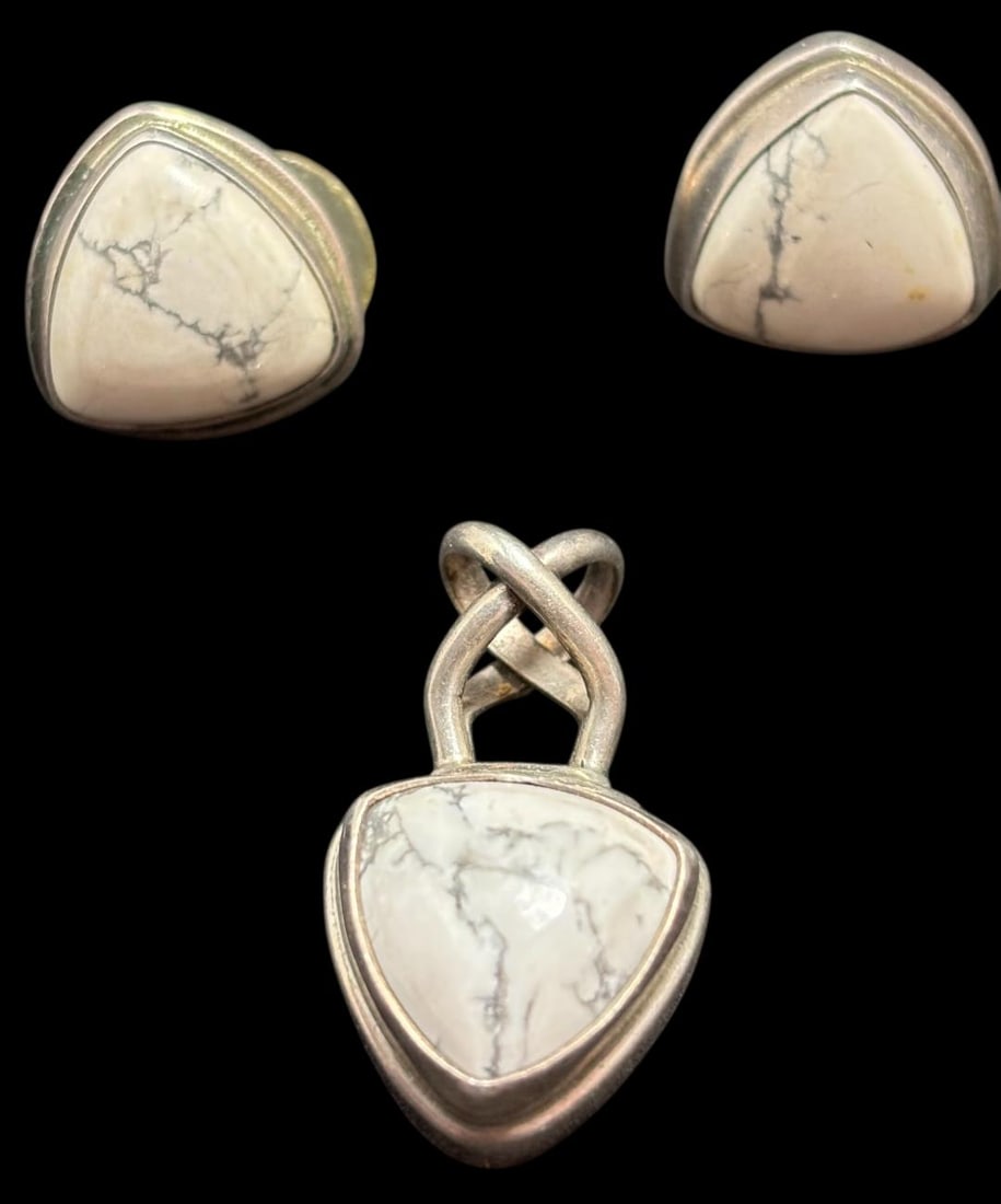 Set of White Buffalo Turquoise and Sterling Pendant and Earrings Signed Sarda (1 of 2)