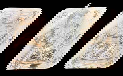 Pair of Stunning Etched and Carved Bone Asian Pendants: Pair of bone carved and etched pendants featuring a man and a woman with dragons etched in their garment. Each measures 2.25" x 2". For in-house shipping, select "bidder arranged". Domestic shipping $
