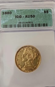 1880 Gold $5.00 Coronet Head Half Eagle Coin au 50
