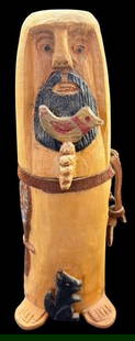 Wood Hand Carved St. Francis Statue Signed Valentin Romero Velarde, NM: Hand carved wood statue of St. Francis. Signed Valentin Romero, Velarde NM. Dated 1992. Has leather belt attached. Measures 8.5" x 2".