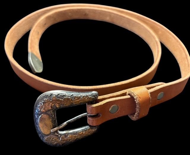 Sterling and 10K Gold Belt Buckle on Leather Belt (1 of 3)