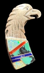 Sterling Silver Zuni Eagle Pin or Pendant With Turquoise, Opal, Lapis and Coral Inlay