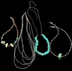 Lot of Four Native American Navajo Necklaces Sterling and Turquoise