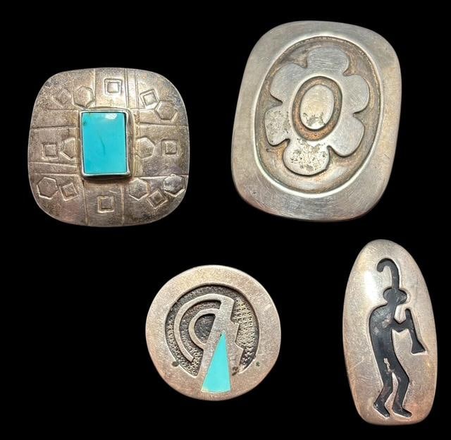 Lot of Four Native American Sterling Jewelry Pieces: Lot of four Native American sterling jewelry pieces. 1) Concho scarf clip. Signed FB and marked sterling. Measures 1" x 1". 2) Kokopelli pendant. Tested sterling. Measures 1.5" x .5". 3) Tested sterli