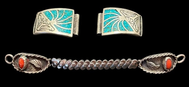Lot of Two Native American Sterling and Stone Watch Band Ends