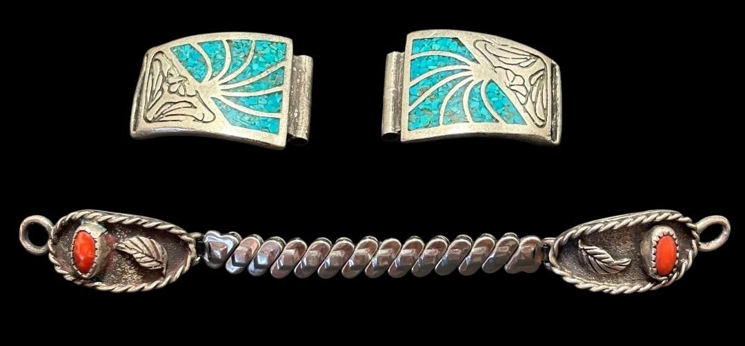 Lot of Two Native American Sterling and Stone Watch Band Ends (1 of 2)