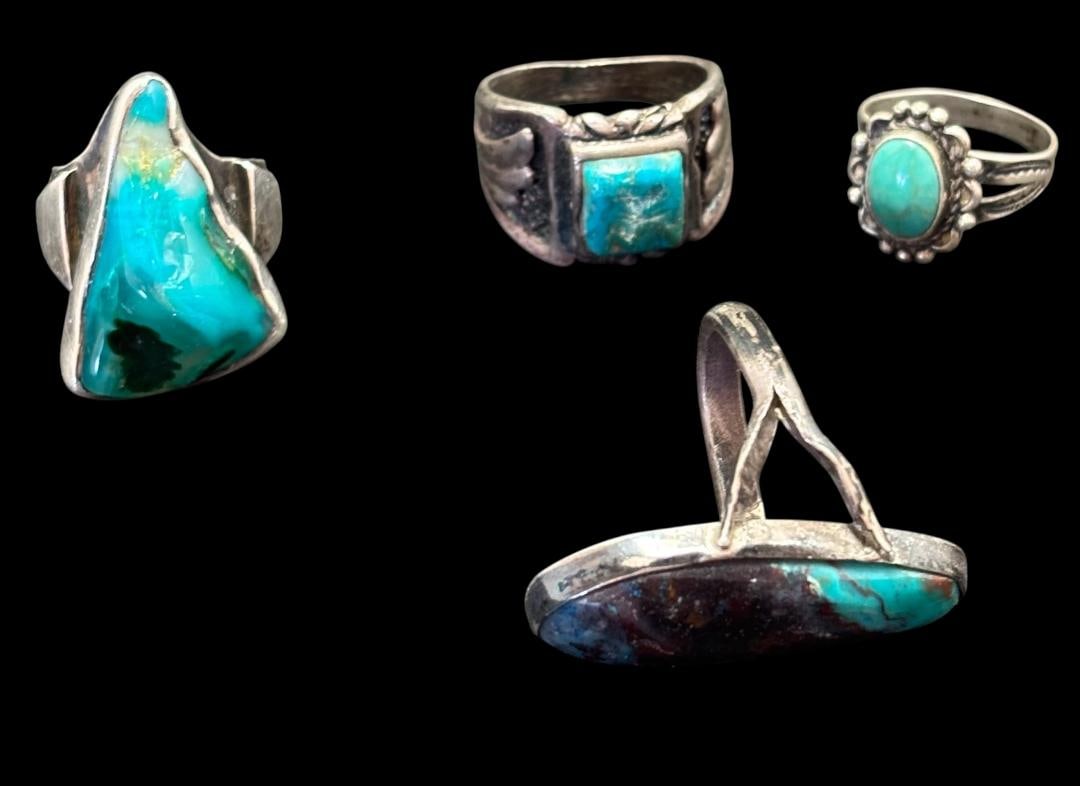 Lot of Four Native American Sterling and Turquoise Rings (1 of 2)