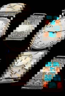 Lot of Two Native American Sterling Watch Band Ends and Watch: Lot of two Native American sterling and shell/stone watch and watch band ends. 1) Sterling tested and hallmark signed RHC watch with mother of pearl inlay. 2) Tested sterling with coral and turquoise