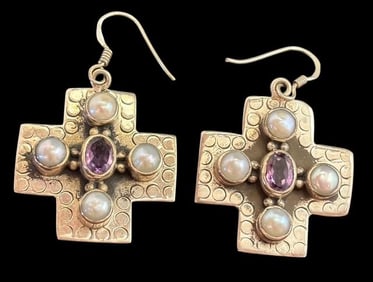 Sterling, Amethyst and Pearl Signed Pierced Earrings Derek McKay Duncan