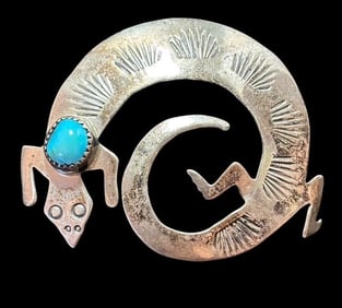 Native American Sterling and Turquoise Lizard Brooch