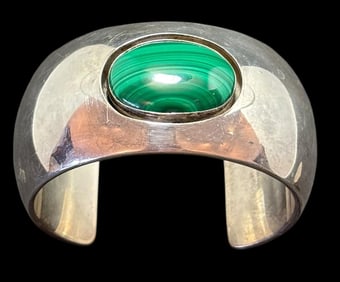 Signed WS Sterling and Malachite Cuff Bracelet