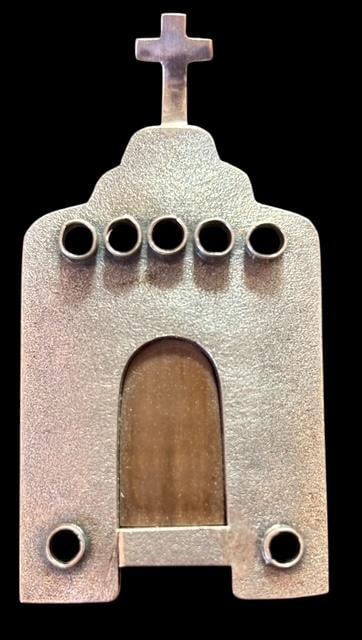 Sterling Zealandia Mission Church Pin or Pendant Carved Mammoth Bone: Zealandia Mission Church Pin or Pendant. Sterling silver with fossilized bone inlay. Measures 1" x 2".