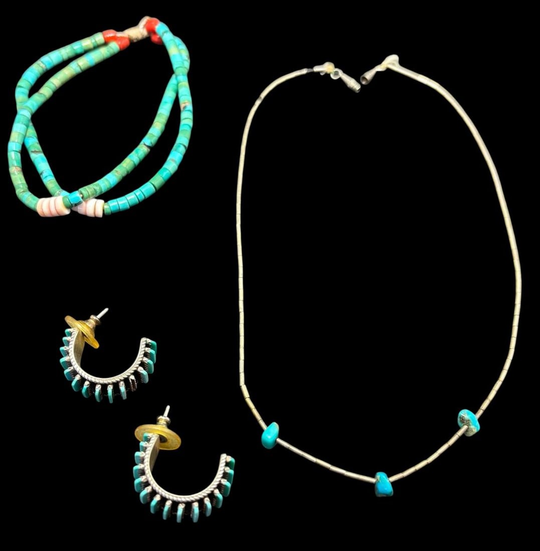 Lot of Three Native American Jewelry Pieces: Lot of three Native American Jewelry pieces. 1) Pierced petit point turquoise earrings. Signed D.L. Bellson. Measures .5". Small section missing. 2) Bracelet with turquoise, shell and coral beads. Mea