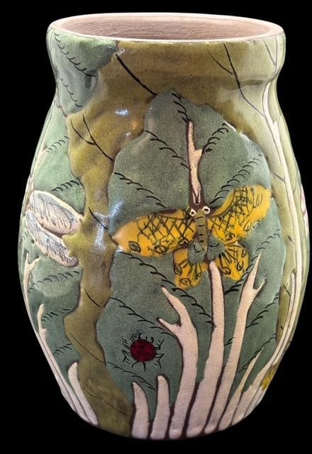 Redware Chinese Ceramic Vase by Liu Huadi: Redware Chinese ceramic vase by Liu Huadi. Features trees with butterflies design. Measures 4.75" x 2.5".