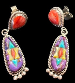 Sterling and Multi-Stone Pierced Earrings Hallmark Signed