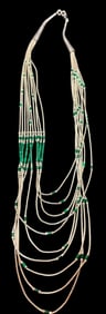 Native American Navajo Liquid Silver and Malachite Ten Strand Necklace