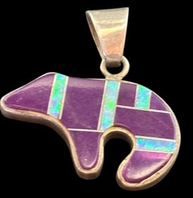Native American Signed David Rosales Sterling, Opal and Stone Bear Shaped Pendant