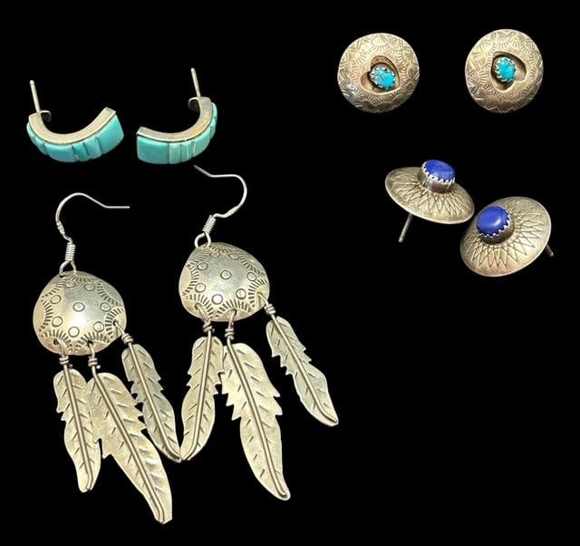 Four Pair of Native American Made Sterling and Stone Earrings: Four pair of Native American sterling and stone earrings. 1) Shadowbox with turquoise. Signed JB. Measures .75" across. 2) Sterling and Lapis earrings. Measure .75" across. 3) Marked .925 with turquoi