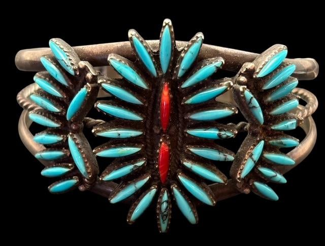 Native American Zuni Turqoise and Coral Petit Point Cuff Bracelet: Native American Zuni turquoise and coral petit point cuff bracelet. Measures 1.5" wide. Circumference measures 6" around with a 1" cuff opening.