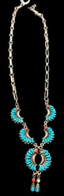Native American Zuni Coral Petit Point Pendant Necklace
