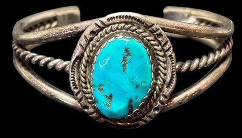 Native American Navajo Sterling and Turquoise Cuff Bracelet Signed ET