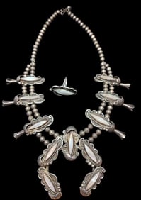 Navajo Squash Blossom with Mother of Pearl Inlay and Matching Ring