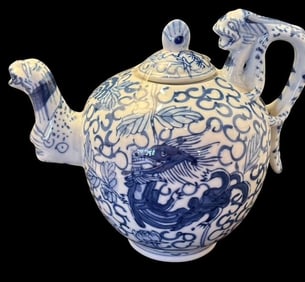 Asian Blue And White Dragon Handle Teapot Signed