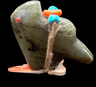Carved Bird Fetish with Turquoise and Coral Accents