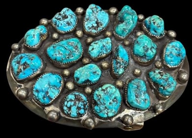 Native American Navajo Signed Sterling LB and Turquoise Belt Buckle