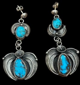 Native American Navajo Signed Carl Luthy Turquoise and Sterling Dangle Earrings