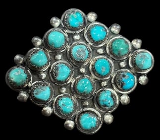 Native American Zuni Petit Point Silver and Turquoise Brooch Signed LT