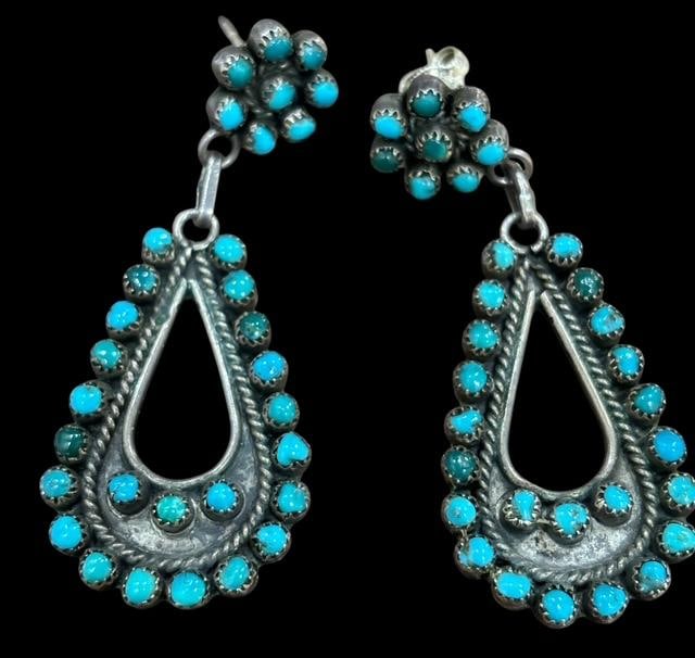 Native Amrican Zuni Petit Point Silver and Turquoise Dangle Earrings: Native American Zuni silver and turquoise petit point dangle earrings. Sixty-two turquoise pieces in these earrings. Unsigned. Measures 2".