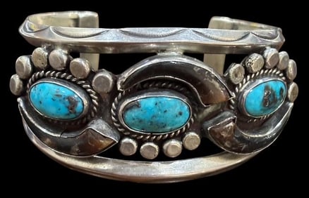 Native American Navajo Silver, Turquoise and Horn Cuff Bracelet