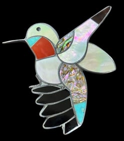 Native American Zuni Signed Sterling and Stone Hummingbird Shaped Brooch