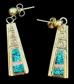 Native American 14K Gold and Turquoise Pierced Earrings
