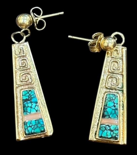 Native American 14K Gold and Turquoise Pierced Earrings: Native American 14K gold and turquoise pierced drop earrings. Total weight 5g. Measures 1.25".