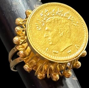 Vintage Persian/Pahlin Gold Coin Ring Iranian Ca. 1970s