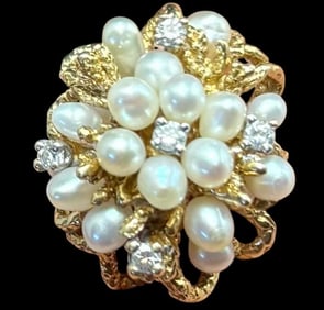 14K Gold Ring with Pearl and Diamond Chip Accents Iranian Ca. 1970s