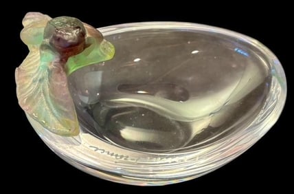 Signed Daum, France Art Glass Frog on Bowl Figure