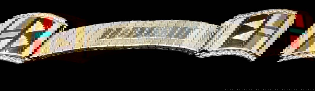 HE Cellicion Signed Zuni Watch Band: Signed HE (Herbert Ester) Cellicion Zuni watch band. Onyx, Turquoise, Coral, Mother of Pearl, sterling and stainless steel. 6"