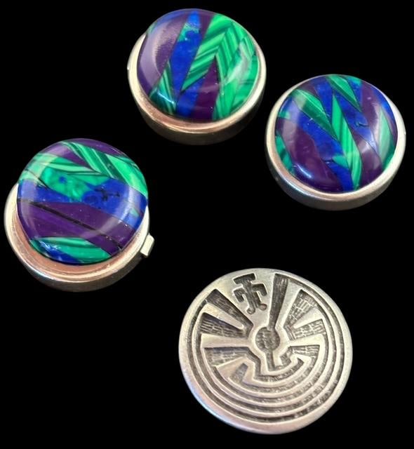 Lot of Four Native American Button Covers  in Sterling, Azurite, Lapis and Malachite (1 of 2)