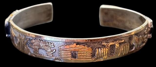 Native American Navajo Storyteller Sterling and Onyx Cuff Bracelet Signed GE