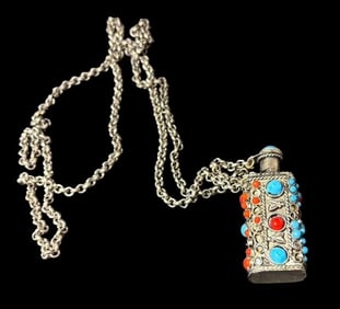 Tibetan Silver Snuff Bottle on a Chain