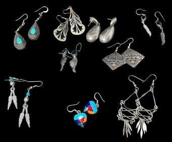 Lot of Nine Native American, Alpaca and Taxco Earrings