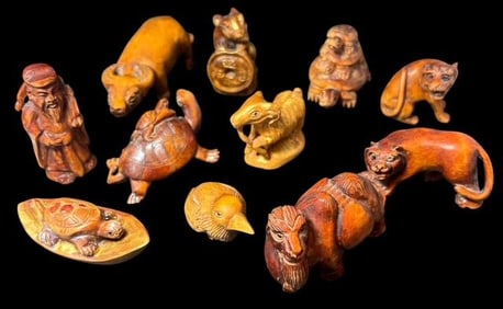 Lot of Eleven Wood Carved Netsuke Figures
